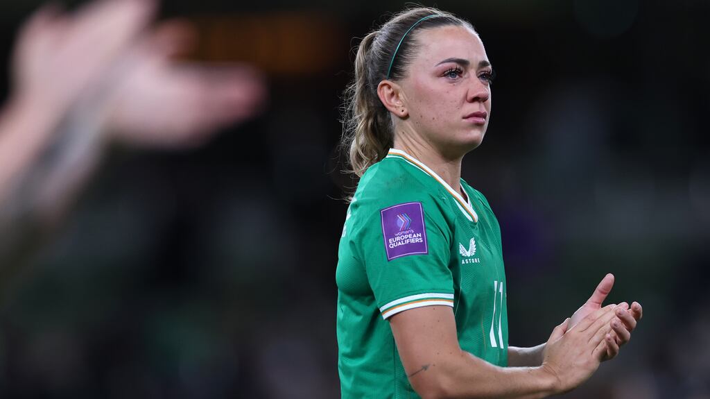 A dejected Irish captain Katie McCabe after Tuesday night's defeat by Wales. Photograph: INPHO/James Crombie