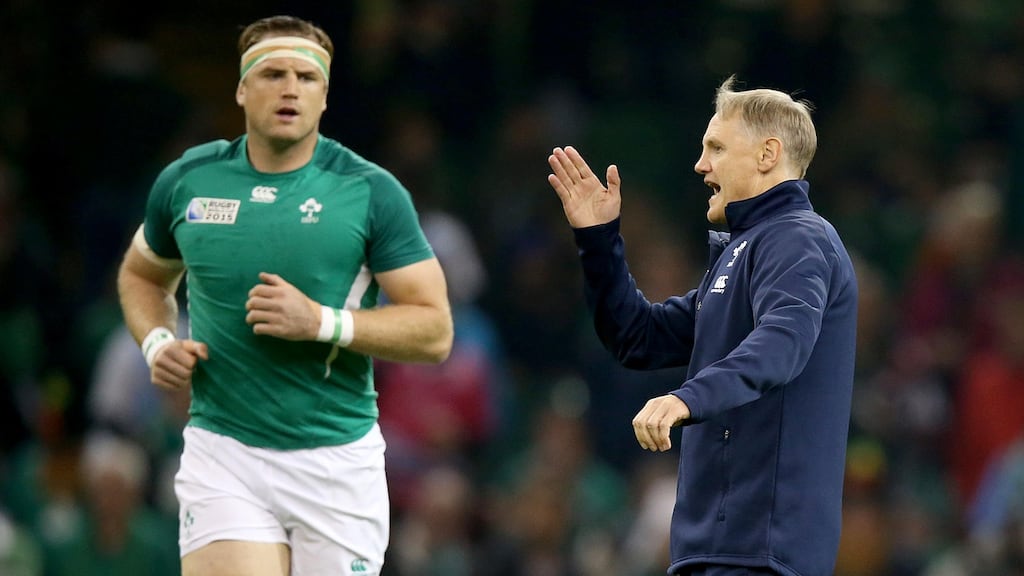 Head coach Joe Schmidt with his number eight Jamie Heaslip, who captained Ireland under Declan Kidney. Photograph: Dan Sheridan/Inpho