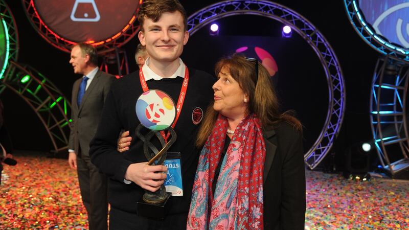 Adam Kelly, BT Young Scientist of the Year, with his mother Carol Moroney. Photograph: Aidan Crawley