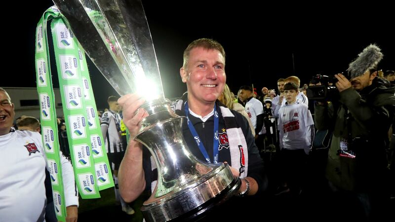 Stephen Kenny celebrates Dundalk’s Premier Division victory in 2018. Photograph: Ryan Byrne/Inpho