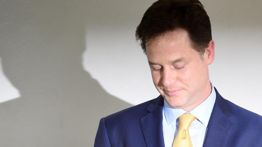 ‘The Lib Dems ended up with just eight seats out of 650 in the House of Commons while their Conservative partners in government won an unexpected overall majority. So does the same fate await the Labour Party here?’ Above,  the  leader of the Liberal Democrats, Nick Clegg  announces  his resignation after the  British general election. PAUL ELLISPAUL ELLIS/AFP/Getty Images