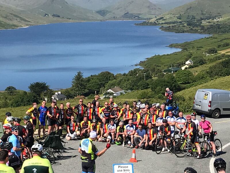 Participants in the Great Western Lakes cycling sportive on the top of Maamtrasna on Sunday. Photograph: Eimear Flannery