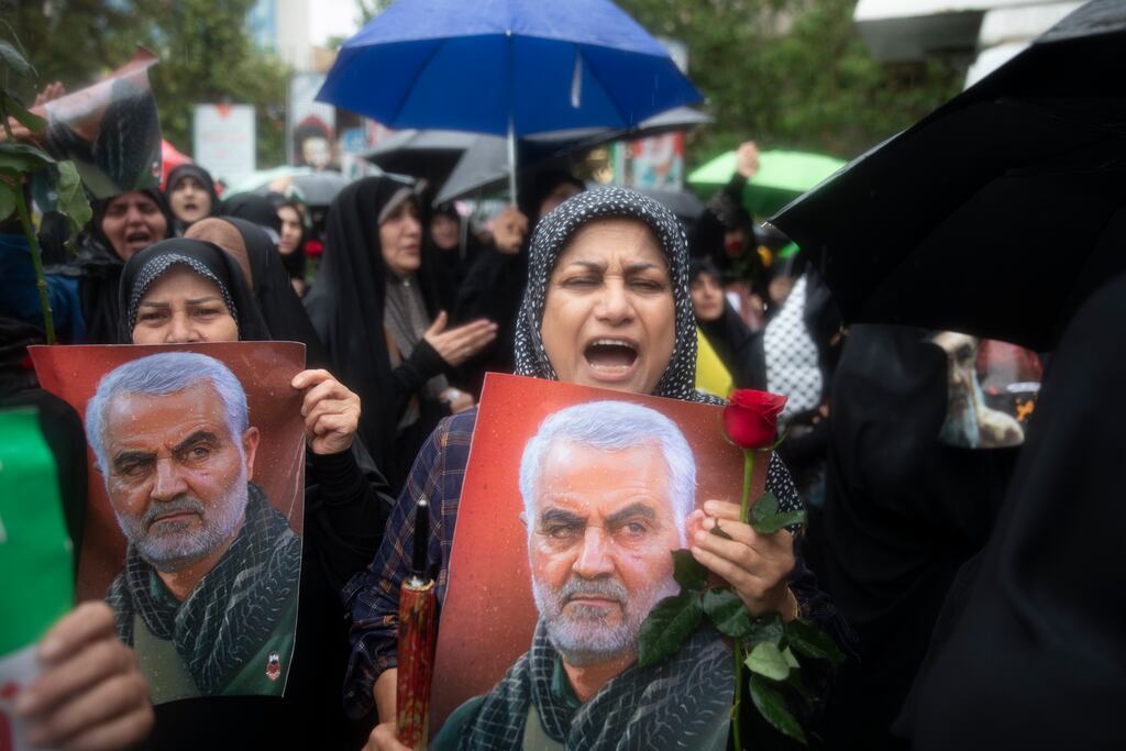 Iranians participate in a Tehran rally to condemn the Israeli air strike in Lebanon that killed Hassan Nasrallah and several Hizbollah commanders. Photograph: Majid Saeedi/Getty Images