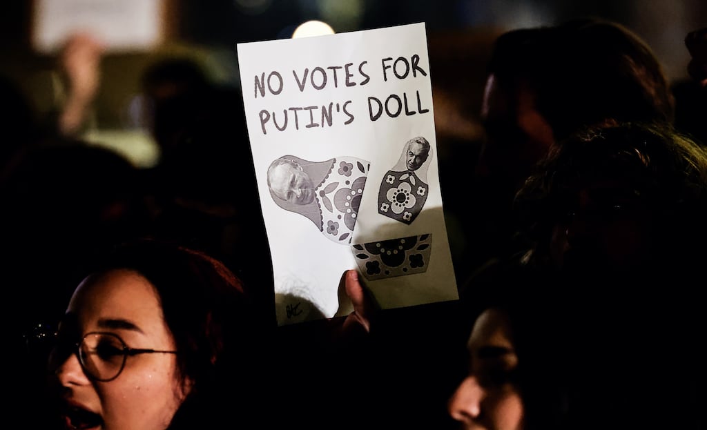 Protesters hold a demonstration against the far-right independent presidential candidate Calin Georgescu in Bucharest on Wednesday. Photograph: Robert Ghement/EPA
