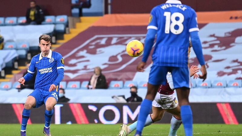 Solly March scores Brighton’s second goal during the Premier League match against Aston Villa at Villa Park. Photograph: Laurence Griffiths/EPA