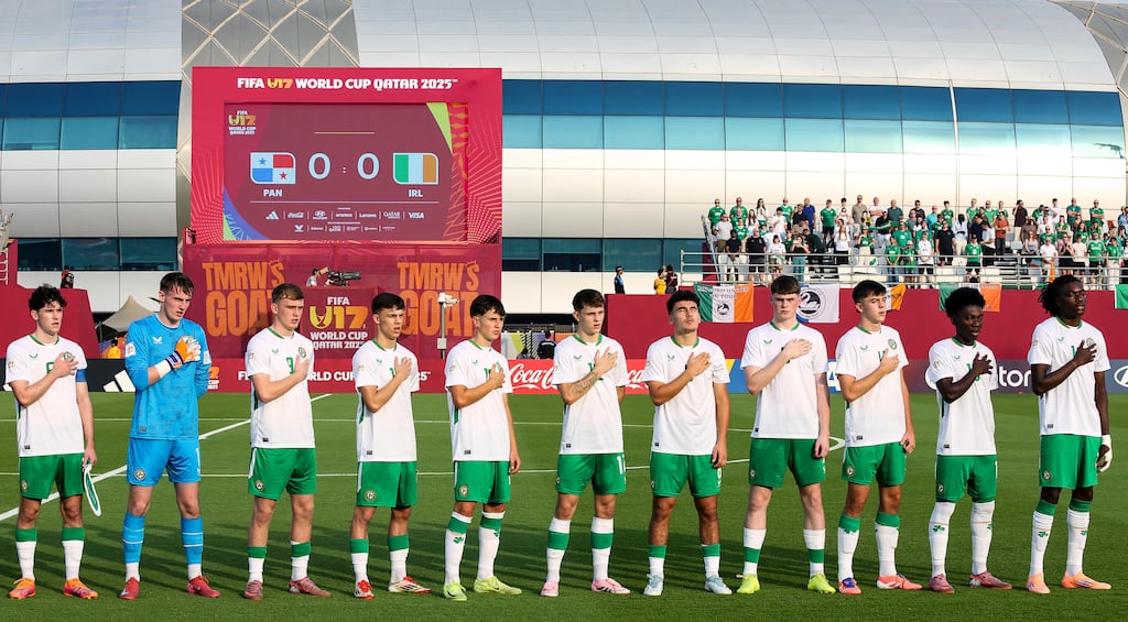 The Republic of Ireland under-17 team stand for the national anthem ahead of last week's World Cup group game against Panama in Doha, Qatar. Photograph: Inpho