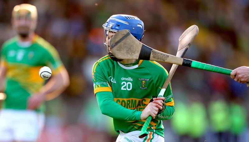 Kilcormac’s Lochlann Kavanagh under pressure during the Leinster SHC quarter-final against Naomh Eanna at Chadwicks Wexford Park. Photograph: James Crombie/Inpho