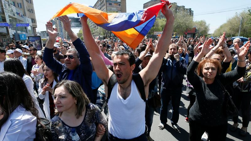 Supporters of Armenian opposition leader Nikol Pashinyan stage a rally in Yerevan, Armenia. Photograph: Gleb Garanich/Reuters