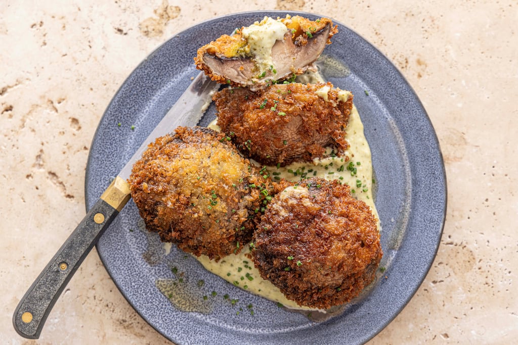 Crispy garlic mushroom Kievs with tarragon aioli. Photograph: Harry Weir Photography