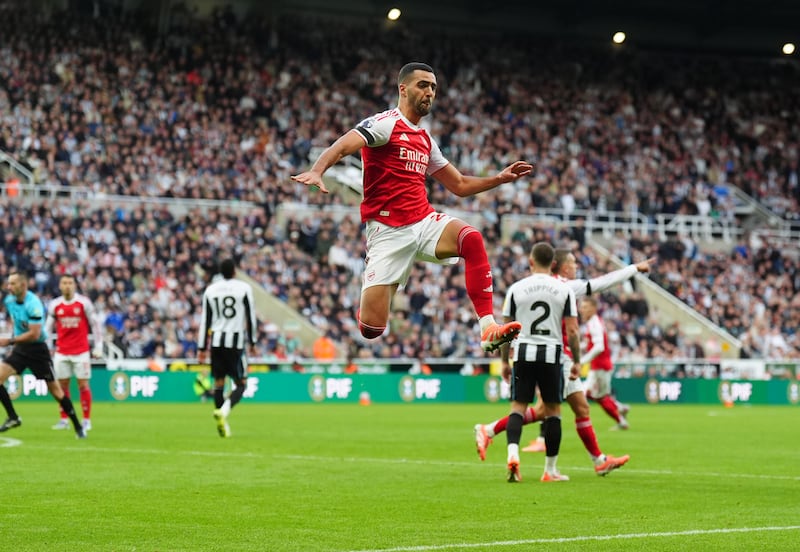 Arsenal's Mikel Merino celebrates scoring their first goal at St James' Park. Photograph: Owen Humphreys/PA Wire