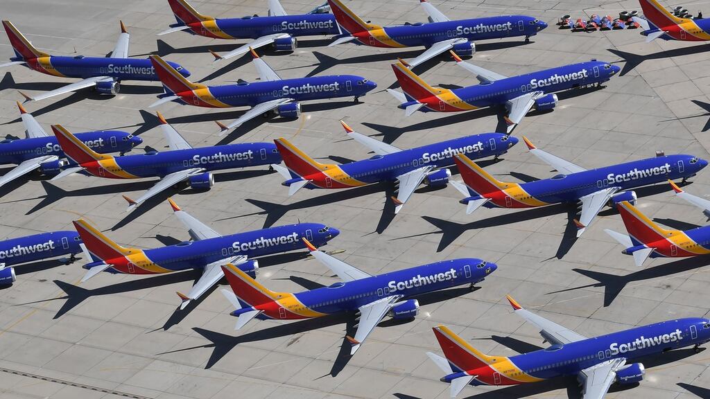 Grounded Southwest Airlines’ Boeing 737 Max aircraft parked at Southern California Logistics Airport