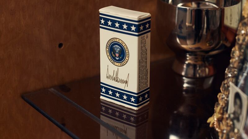 A box of M&Ms that was handed out during one of US president Donald Trump’s visits to the Trump National Golf Club in Bedminster, New Jersey. Photograph: Christopher Gregory/New York Times