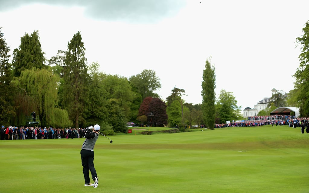 Rory McIlroy hits his second shot on the par-five 16th hole during the final round of the Dubai Duty Free Irish Open at The K Club in 2016. Photograph: Andrew Redington/Getty Images