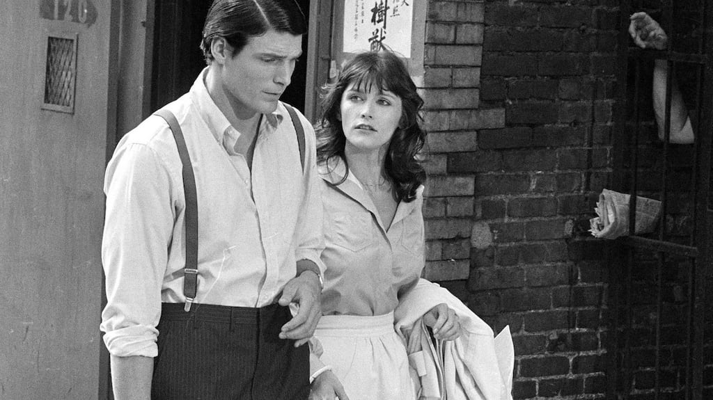Margot Kidder with Christopher Reeve during the filming of Superman in 1977.