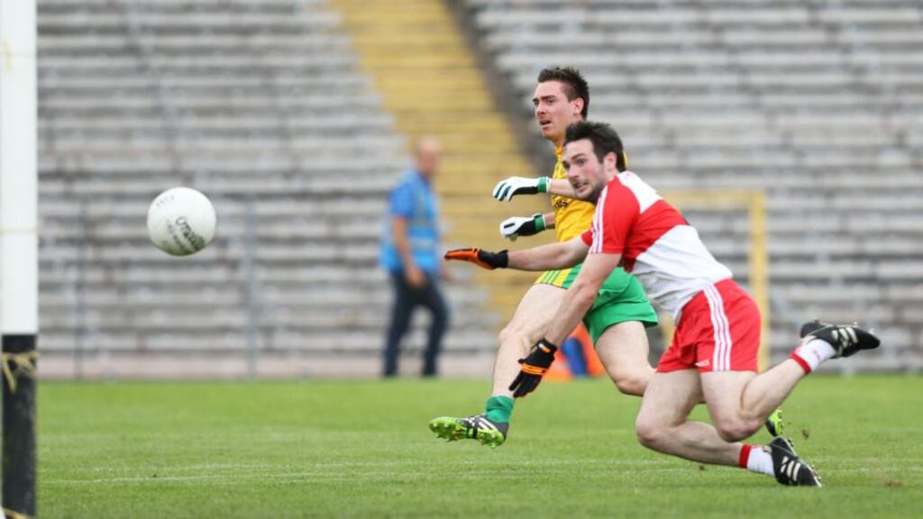 Martin O’Reilly scores Donegal’s goal in the Ulster SFC semi-final against Derry at St Tiernach’s Park in Clones. Photograph: Andrew Paton/Inpho/Presseye