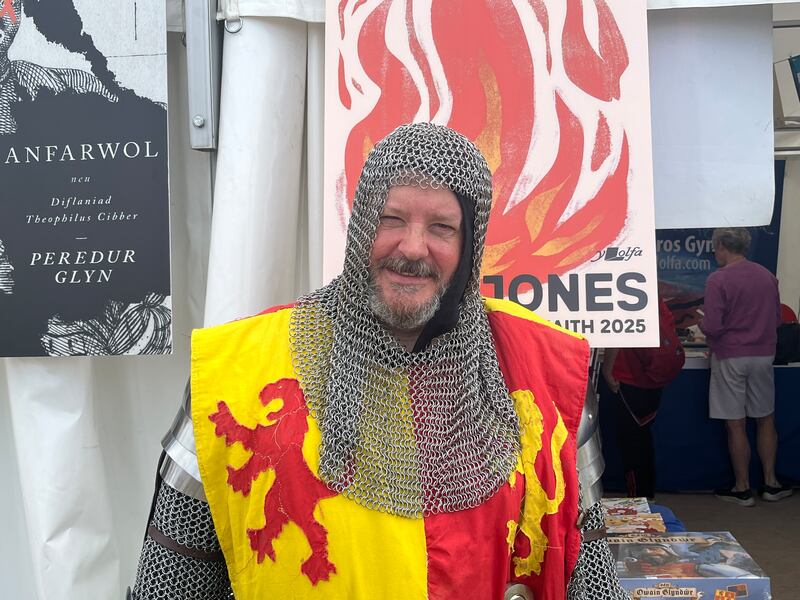 Board game designer Geraint Thomas in medieval battle garb at last week's Eisteddfod near Wrexham. Photograph: Mark Paul