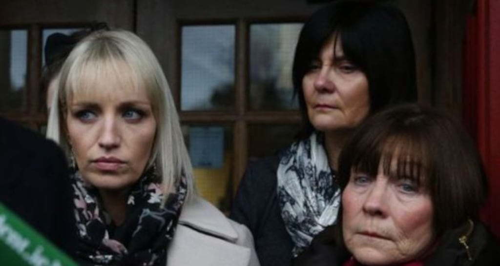 Clodagh Hawe’s mother, Mary Coll (right), sister Jacqueline Connolly (left) and another family member outside Cavan courthouse following an inquest in December 2017. File photograph: Brian Lawless/PA