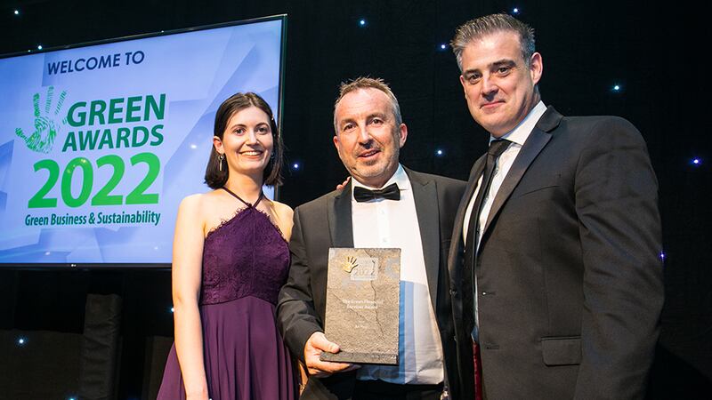 Paul Fitzpatrick, Head of Customer Solutions at ESB, presents The Green Financial Services Award to Rachael Larney and Garrett Bridgeman, An Post.