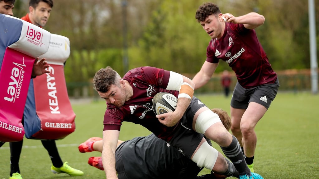 Peter O’Mahony during Munster rugby squad training in  the University of Limerick  this week. Photograph: Tommy Dickson/INPHO