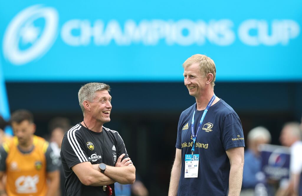Ronan O’Gara, head coach of La Rochelle, shares a laugh with Leo Cullen, head coach of Leinster, prioer to last years's Heineken Champions Cup final. Photograph: David Rogers/Getty Images