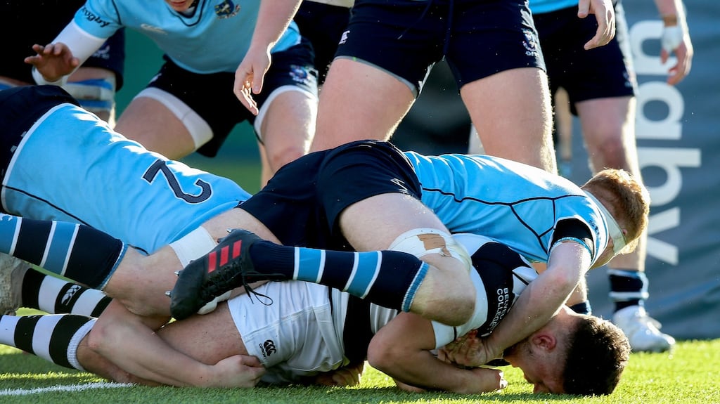 Belvedere’s Mateusz Galinski scores a late try to help his side secure a thrilling victory over St Michael’s in the Bank of Ireland Leinster Schools Senior Cup semi-final at Donnybrook Stadium. Photograph: Gary Carr/Inpho