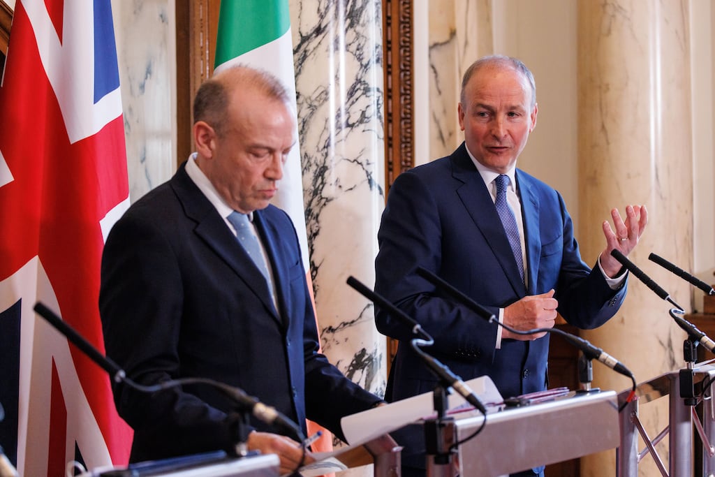 Secretary of State for Northern Ireland Chris Heaton-Harris and Tánaiste Micheál Martin following a meeting of the British-Irish Intergovernmental Conference. Photograph: Tolga Akmen/EPA