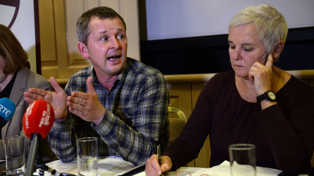People Before Profit TDs Richard Boyd Barrett and Bríd Smith at the launch of the Anti-Austerity Alliance-People Before Profit’s pre-budget statement. Photograph: Dara Mac Dónaill