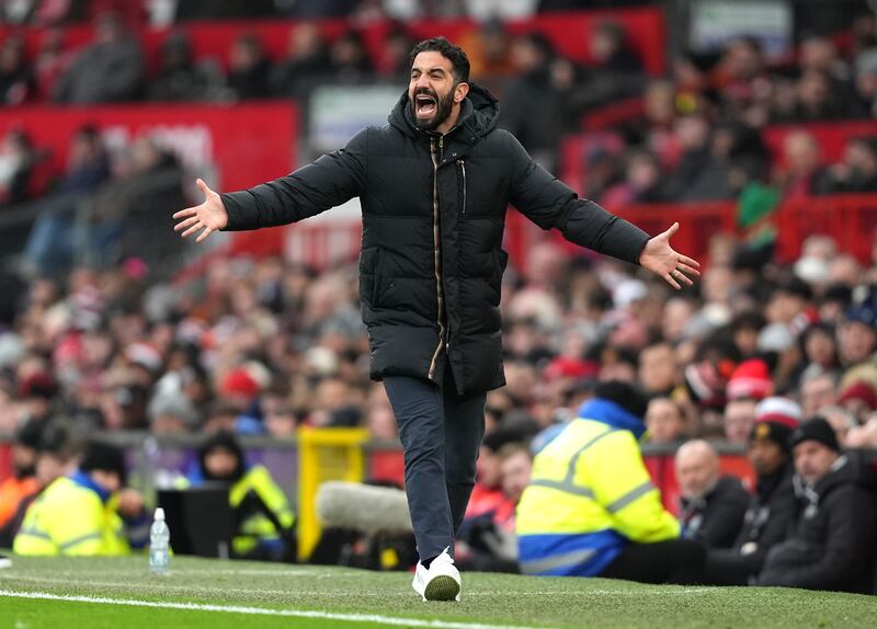 Manchester United manager Ruben Amorim reacts during the game. Photograph: Martin Rickett/PA