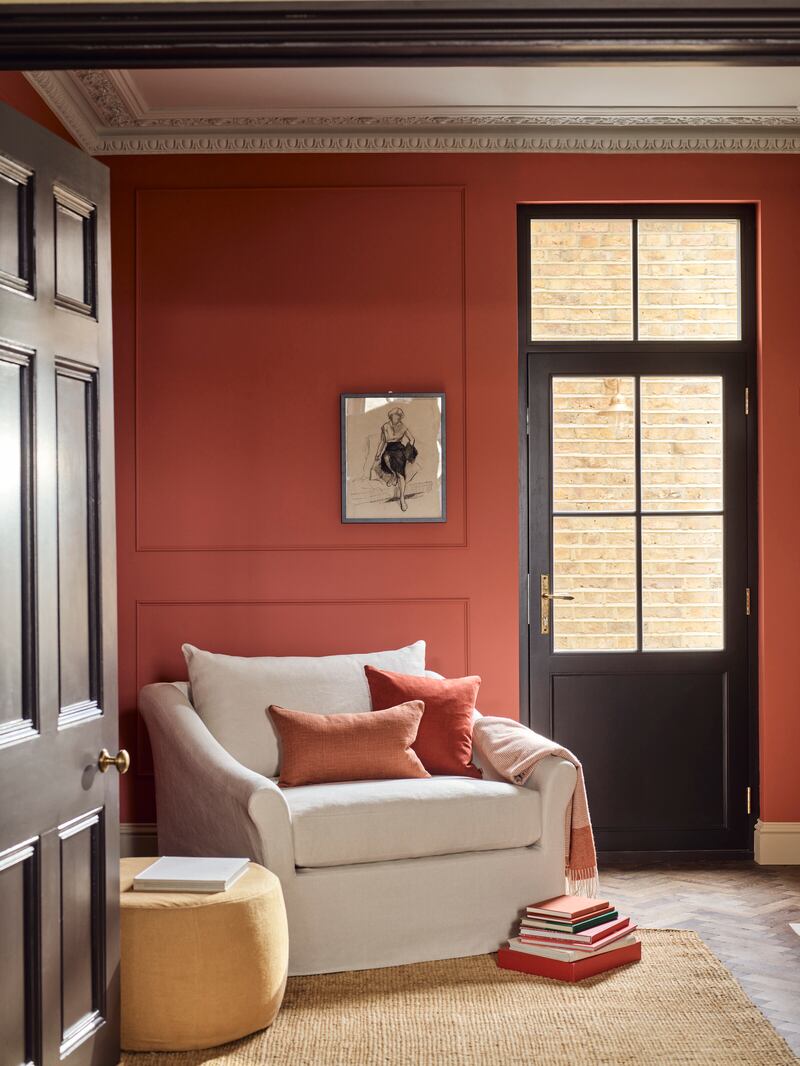 The shade Rhubarb is a spirited coral that evolves to a deeper shade of warm rose