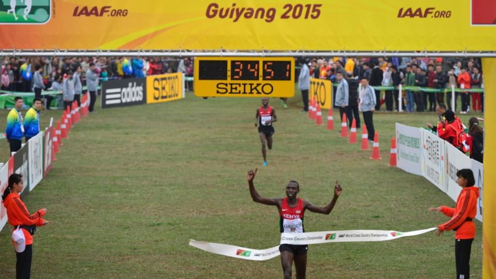 Geoffrey Kipsang Kamworor of Kenya wins at the IAAF World Cross Country Championships in Guiyang, China. Photograph: AFP/Getty Images