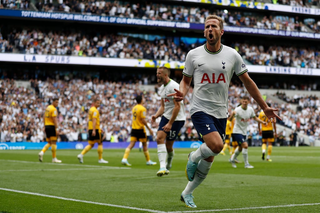 Harry Kane celebrates scoring the winner against Wolves. Photograph: Ian Kington/AFP via Getty Images