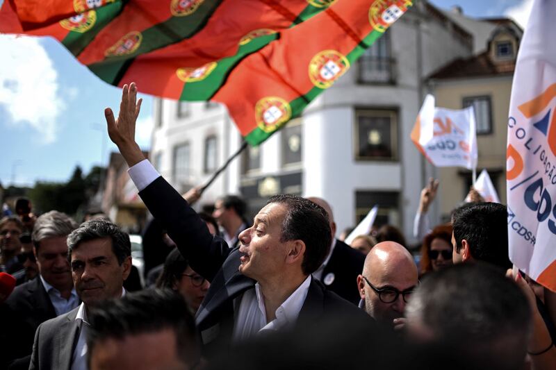 Outgoing prime minister Luis Montenegro greets supporters in Sintra, west of Lisbon. Photograph: Patricia De Melo Moreira/Getty