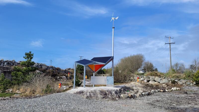 An Cheathrú Rua sports club's pitchside shelter Mo Thóin Theolaí generates solar and wind energy to power its lights and heat its “wall”. It was created by Ríonach Ní Néill, working with engineers Columba Eagleton and Duncan Mathews, artists Aoife and Peter Casby and a local team. Photograph: Andrew Downes