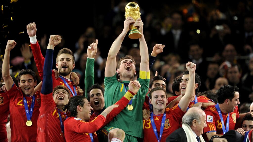 Spanish captain Iker Casillas lifts the World Cup trophy after victory over the Netherlands in the 2010 final in Johannesburg. Photograph: Javier Soriano/AFP via Getty Images