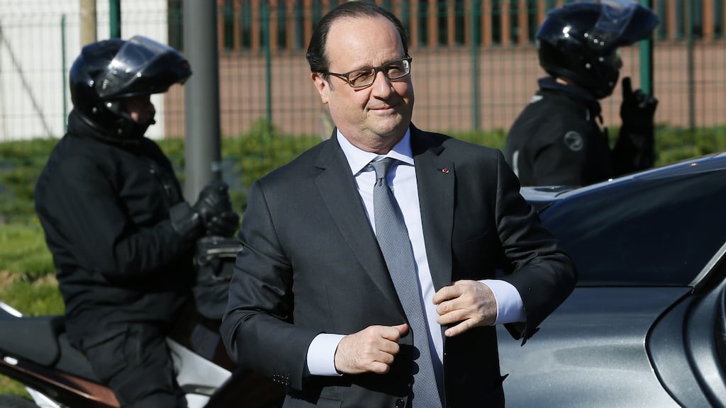 French president François Hollande visits a factory in Venette on Friday. Photograph: Patrick Kovarik/AFP/Getty