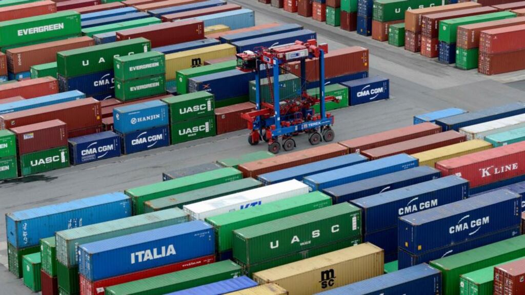 A van carrier transports a container at the harbour of Hamburg. German economic growth unexpectedly accelerated to 0.4 per cent in the fourth quarter of 2013 thanks to a rise in exports and capital investment, seasonally-adjusted data showed today. Photograph: Fabian Bimmer/Reuters