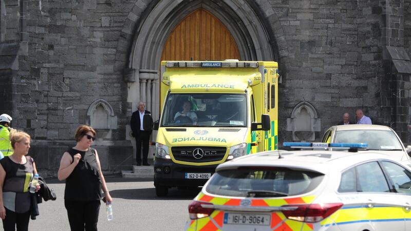 An ambulance in the grounds of the Church of the Immaculate Conception in Clondalkin. Photograph: Niall Carson/PA Wire