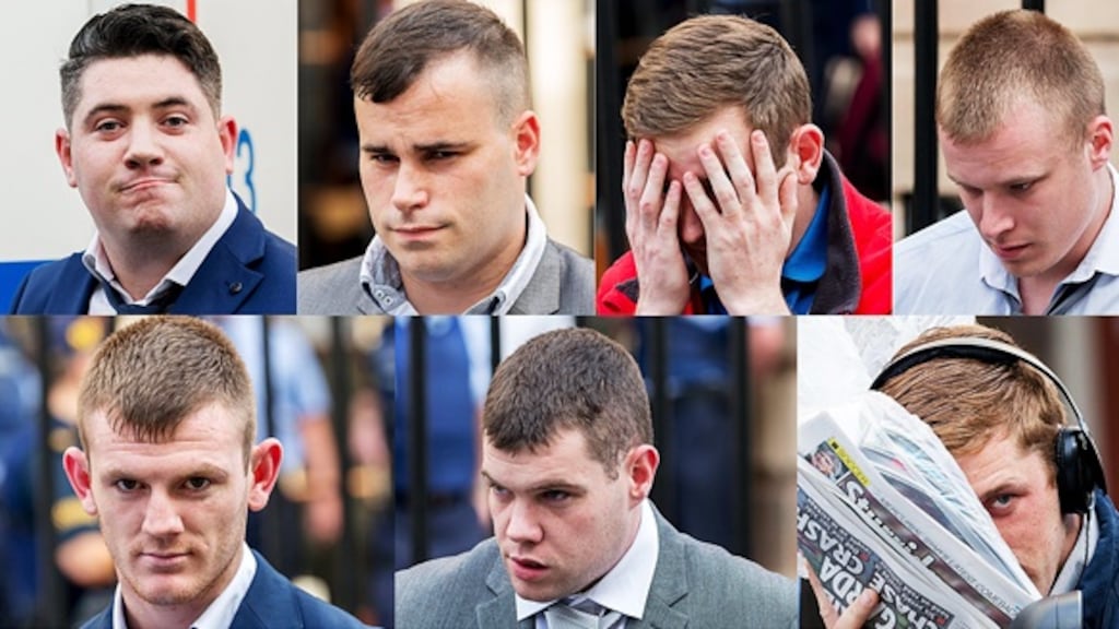Clockwise from top left: Patrick Joyce of Beaumont Hall, Beaumont Woods was given 14 years, with four suspended; Michael McDonagh of Tara Lawns, Belcamp Lane, Coolock was sentenced to 12 years, with seven suspended; Dean Byrne of Cabra Park was given 20 years, with four suspended; Thomas Flynn of Moatview Avenue, Coolock got 12 years, with three suspended; Patrick Gately of Primrose Grove, Darndale got 20 years, with four suspended; John Joyce of Lentisk Lawn, Donaghmede was sentenced to 15 years, with four suspended; and Donal O’Hara of Glin Park, Coolock was given 12 years, with seven suspended.