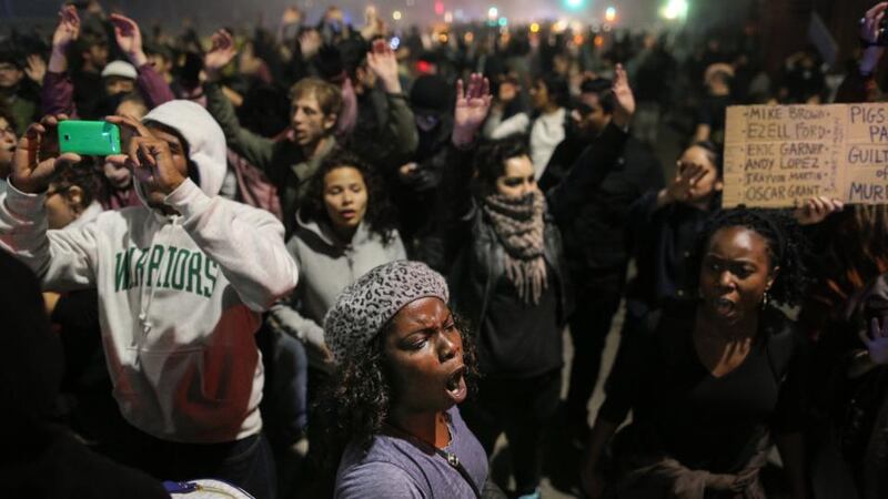 Protesters on the second night of demonstrations in Oakland, California, on December 4th, 2014. Photograph: Elijah Nouvelage/Getty Images
