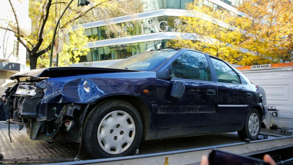 The car that was driven into the headquarters of Spain’s ruling Popular Party in Madrid. No one was injured in the incident. Photograph: Paul Hanna/Reuters