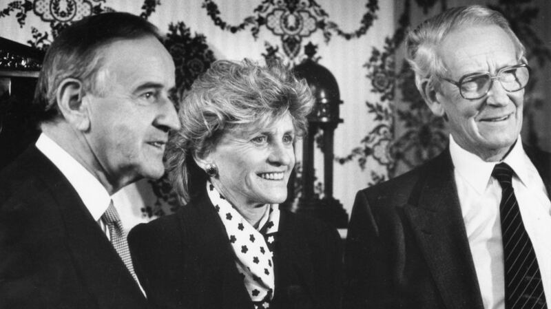 Gordon Wilson (right) pictured in 1993 with then  taoiseach Albert Reynolds and US ambassador to Ireland  Jean Kennedy Smith. Photograph: Joe St Leger