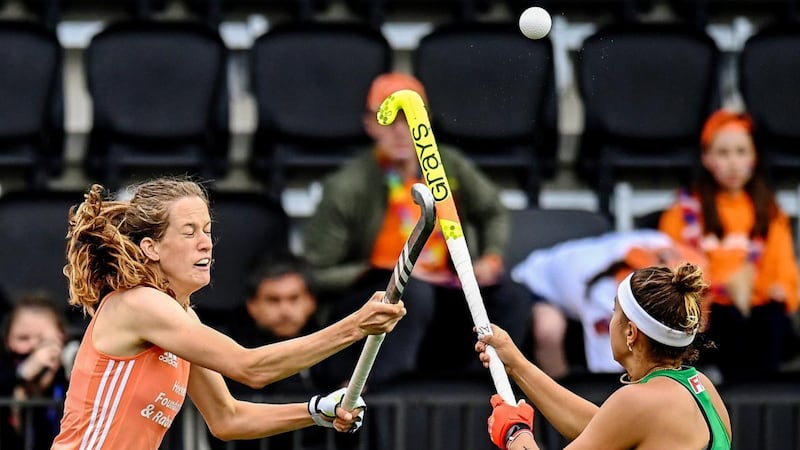 The Netherlands’ Felice Albers competes for possession with Elena Tice of Ireland during Saturday’s Women’s EuroHockey Championship at the Wagener Stadium, in Amstelveen. Photograph: Frank Uijlenbroek/Inpho