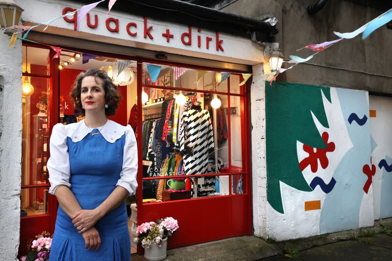 Deirdre Mahon outside her boutique, quack and dirk, rear Marino Mart, Fairview, Dublin. Photograph: Dara Mac Dónaill