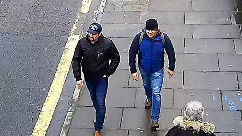 A handout picture taken on Fisherton Road in Salisbury, west of London on March 4, 2018, and released by the British Metropolitan Police Service in London on September 5, 2018, shows Alexander Petrov (R) and Ruslan Boshirov. Photograph: AFP Photo/ Metropolitan Police Service/