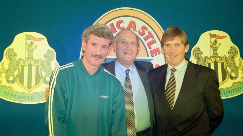 Former Newcastle owner Sir John Hall at the unveiling of Kenny Dalglish and Terry McDermott as the club’s new management team in January 1997. Photograph: Stevie Morton/Allsport//Getty Images