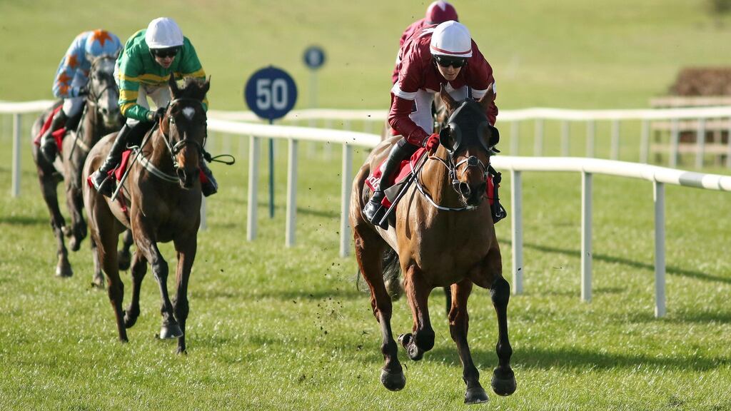 Tiger Roll and Keith Donoghue stroll to victory in The Ladbrokes Ireland Boyne Hurdle at Navan. Photograph:  Peter Mooney/Inpho