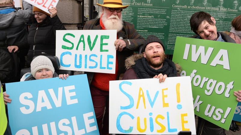 Karen Smith, Gerry Jago, David Nulty and Carmel Soraghan joined a protest outside Leinster House last week calling on Minister Finian McGrath to reverse the decision of the Irish Wheelchair Association to close Cuisle. Photograph: Dara Mac Dónaill/The Irish Times