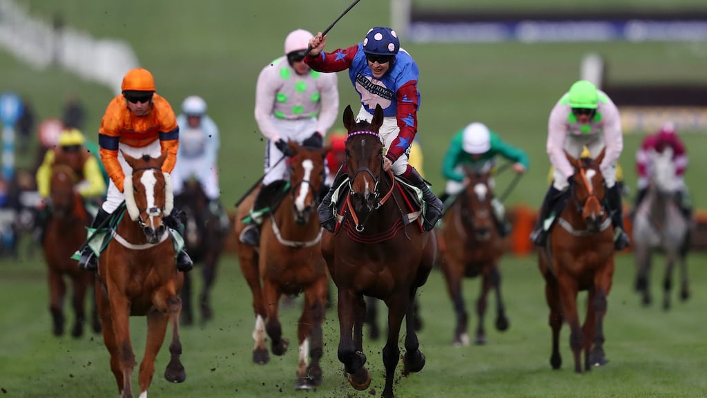 Aidan Coleman celebrates as he rides Paisley Park to victory in the Stayers’ Hurdle at Cheltenaham last year. Photograph: Michael Steele/Getty
