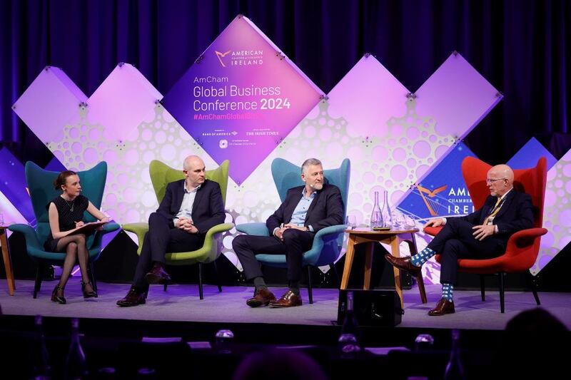 Ellen McGrath, AmCham public affairs and advocacy manager, AmCham; Mark Cockerill, senior vice-president, legal – corporate, M&A and international development at Service Now; Jason Ward, vice-president global alliances EMEA, Dell Technologies Ireland; and Neil Morris, country lead for Ireland at Amazon Web Services. Photograph: Conor McCabe