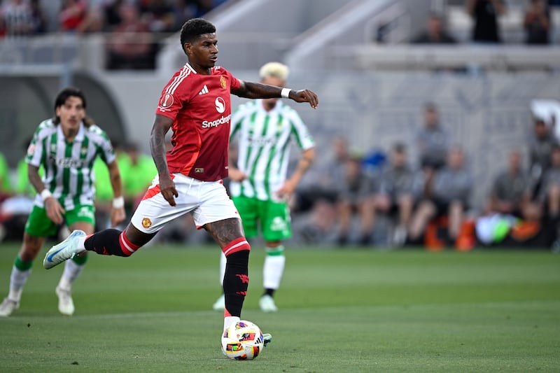 Marcus Rashford scores a penalty kick during Manchester United's friendly against Real Betis in San Diego earlier this week. Photograph: Orlando Ramirez/Getty